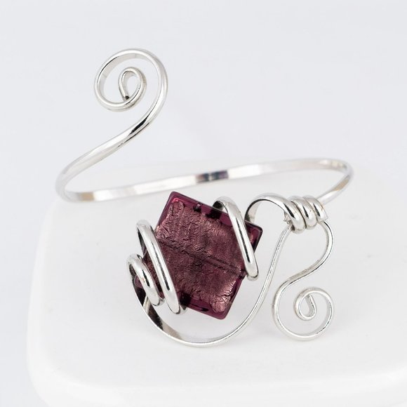 Scroll Wrap Around Bracelet Arm Cuff Purple Art Glass Square Silver Tone Wire - Picture 1 of 4